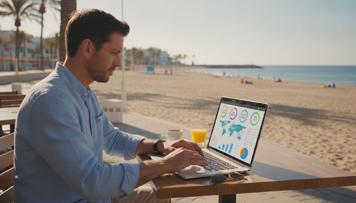 A professional British expat working on a laptop from a sunny beachfront cafe in Spain, displaying a colorful CRM dashboard with currency widgets and global map connections.
