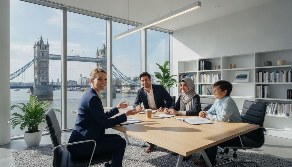 A professional modern law office in London with a view of the Tower Bridge through a large window. A diverse group of people, including an expat family, is consulting happily with a friendly, professional female immigration lawyer. The atmosphere is warm, bright, and hopeful, in a modern photorealistic style, 8k resolution.