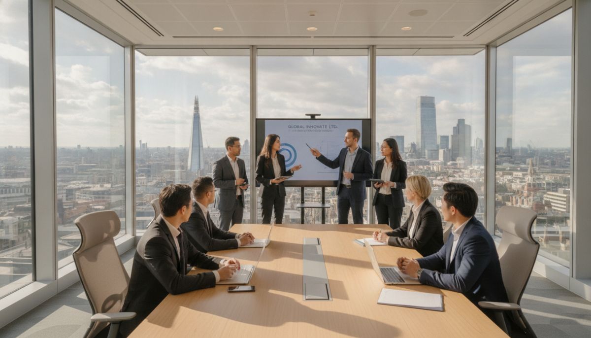 A diverse group of professional expat entrepreneurs presenting their business pitch to a panel of investors in a modern, sunlit London office boardroom overlooking the City skyline.