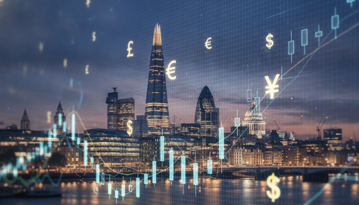 A professional and elegant composition showing the city of London skyline with iconic buildings like The Shard and Gherkin in the background, layered with glowing digital financial charts and currency symbols in a subtle, modern style.
