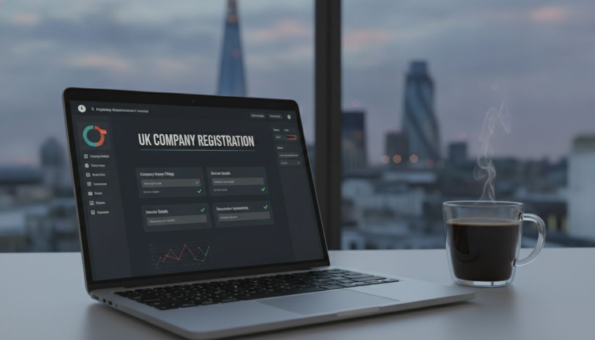 A sleek, modern digital dashboard on a laptop displaying UK company registration documents, with a cup of coffee and the London skyline softly blurred in the background.
