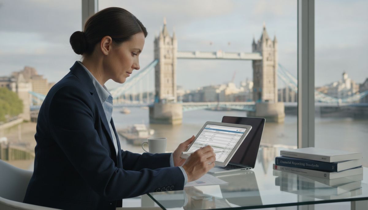 A professional UK accountant sitting at a modern desk in London, reviewing digital tax documents on a tablet, with a view of the Tower Bridge visible through a large window, warm and bright lighting, realistic style.