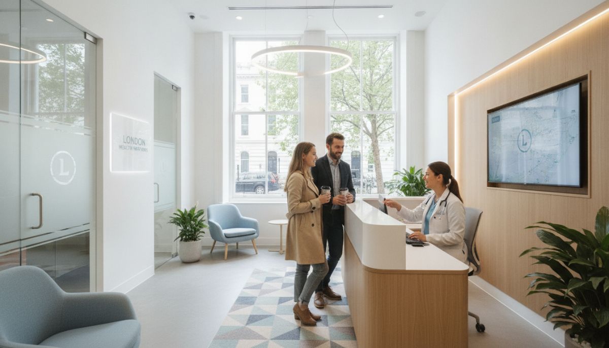 A modern medical clinic in London with a friendly doctor talking to an expat couple, bright and welcoming atmosphere, professional photography