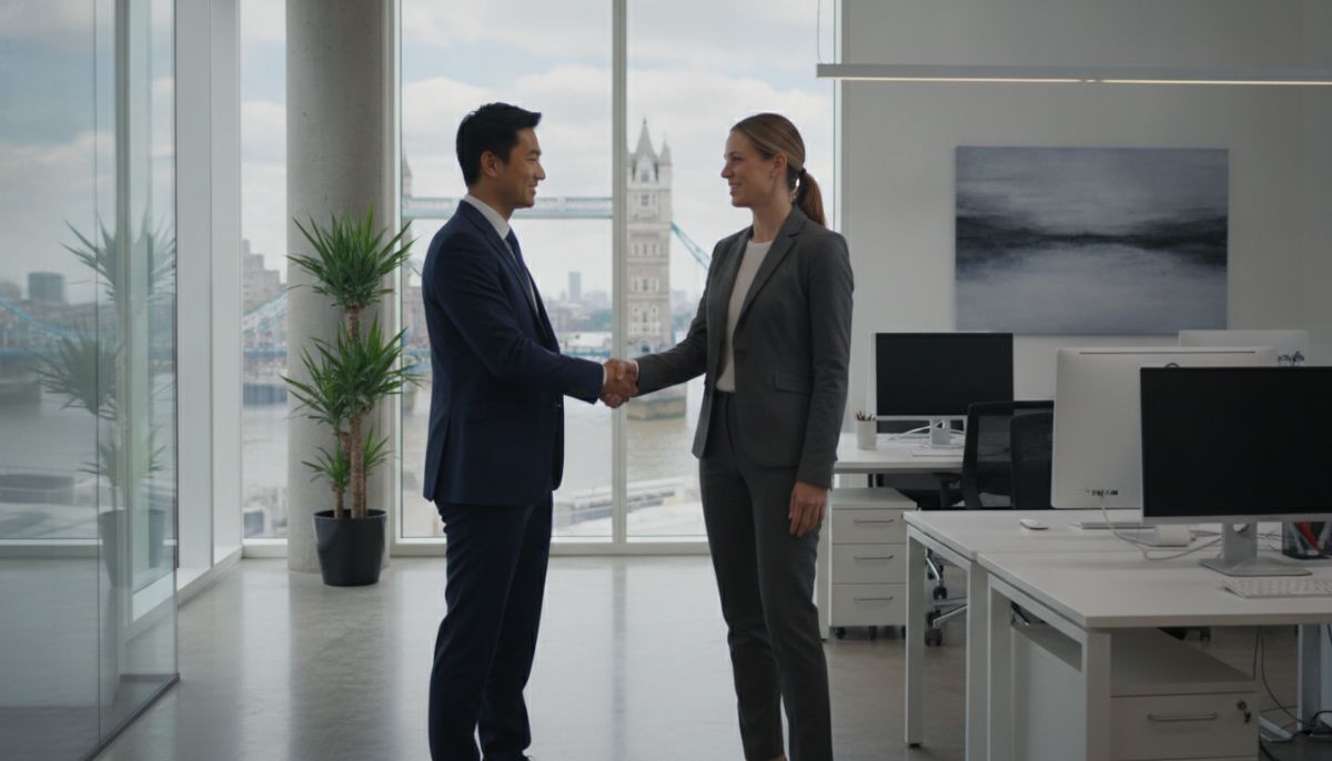 A professional expat entrepreneur shaking hands with a business partner in a modern high-rise London office overlooking the Tower Bridge, bright and airy, corporate photography style