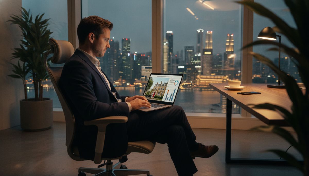 A professional expat sitting in a modern high-rise office in Singapore, looking at a laptop showing a beautiful London townhouse and UK mortgage rate comparison charts, warm lighting, photorealistic