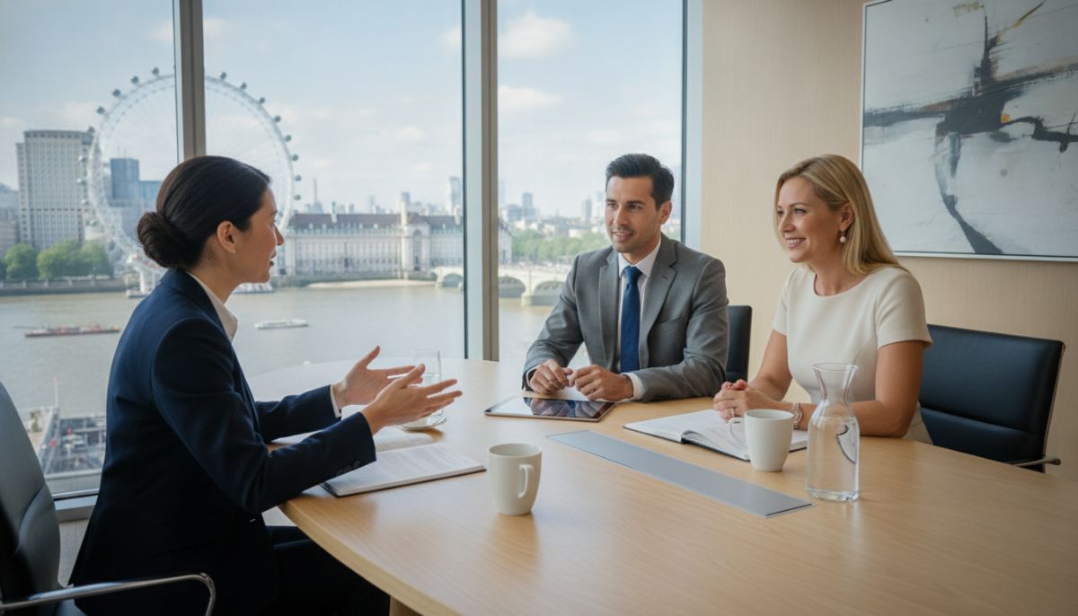 A professional consultation between a wealth manager and an expat couple in a bright, modern London boardroom with views of the London Eye, shot in high resolution, professional corporate style