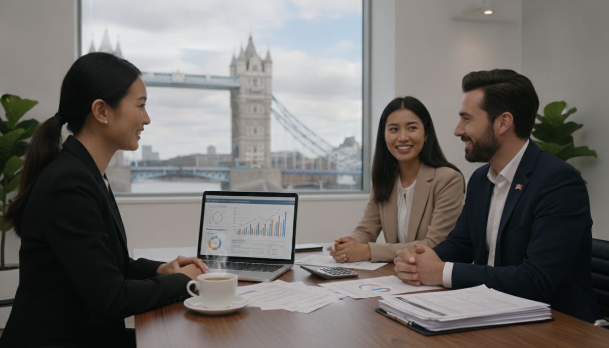 A professional, modern office setting in London with a view of Tower Bridge through the window. On a sleek wooden desk, there is a laptop showing financial graphs, a cup of coffee, and neatly organized tax documents with a calculator. Two professional financial advisors are talking politely with a diverse expat couple, smiling and feeling reassured.