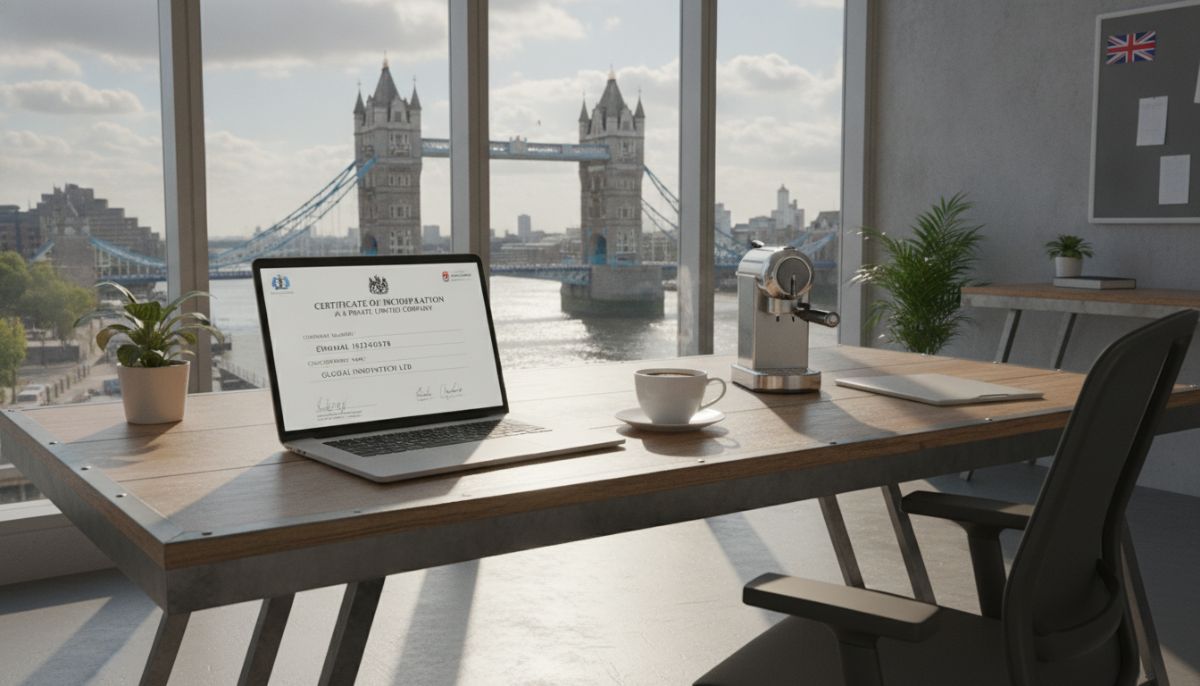A professional modern workspace in London with a laptop showing a UK company registration certificate, a cup of coffee, and the Tower Bridge visible through the window, photorealistic, 4k resolution.
