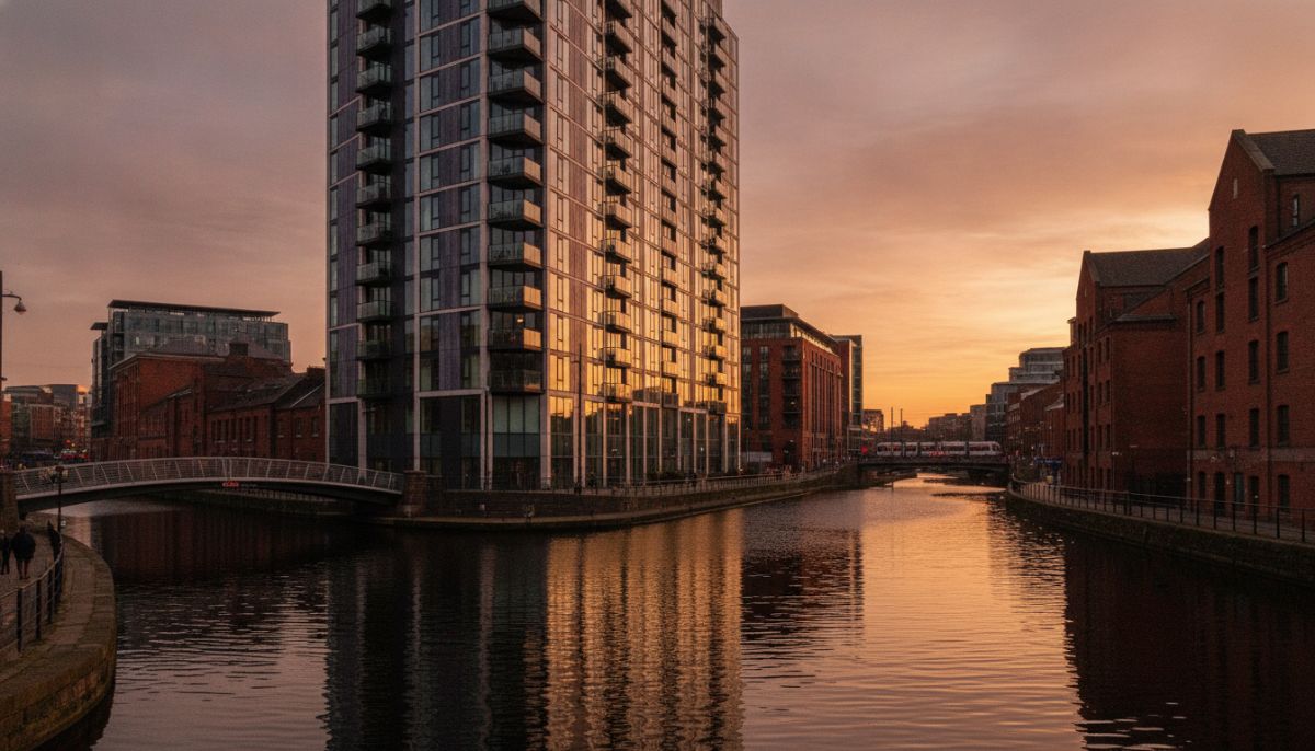 A modern high-rise residential apartment building in a vibrant UK city center like Manchester, shot during golden hour with a reflections of the canal water in the foreground, sleek modern architecture, hyper-realistic, architectural photography.